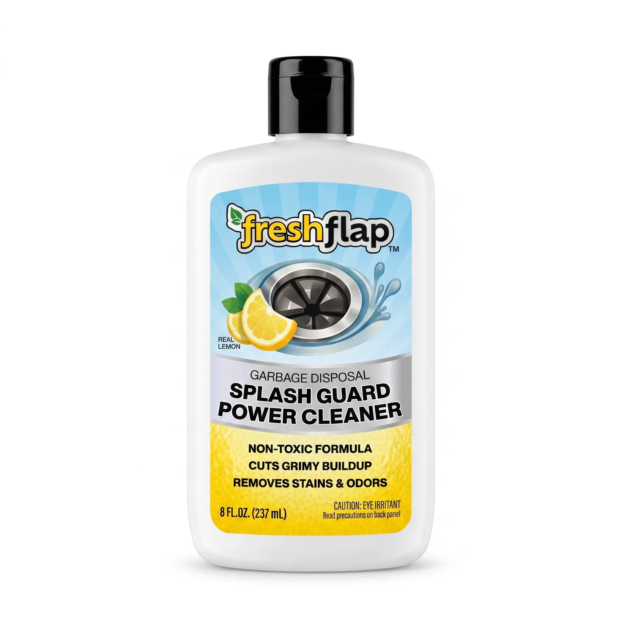 Bottle of fresh flap Splash Guard Power Cleaner with lemon graphics on a white background